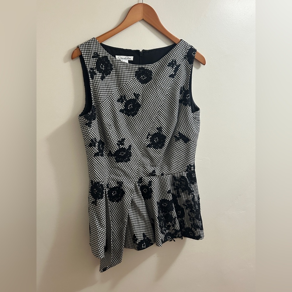 Oscar de la Renta Check and Black Lace Appliqué Floral Peplum Top